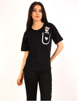 Tricou Dama Cu Fetita Brodata Peace Negru