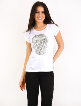 Tricou Dama Cu Imprimeu Cap De Mort Powerful Alb