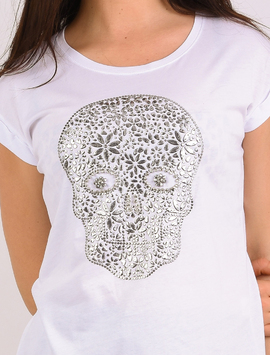 Tricou Dama Cu Imprimeu Cap De Mort Powerful Alb