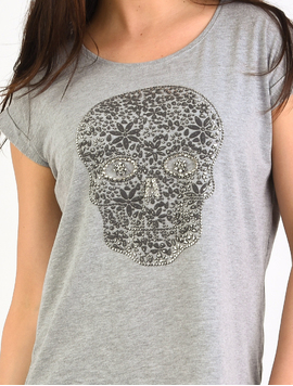 Tricou Dama Cu Imprimeu Cap De Mort Powerful Gri