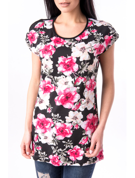 Tricou Dama Cu Imprimeu Floral Visual Negru Si Rosu