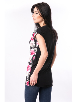 Tricou Dama Cu Imprimeu Floral Visual Negru Si Rosu