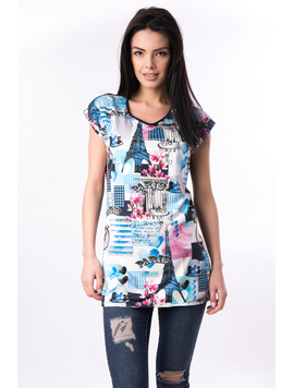 Tricou Dama Cu Imprimeu Paris Bicycle Bleu Si Roz