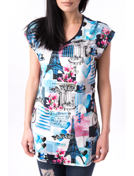 Tricou Dama Cu Imprimeu Paris Bicycle Bleu Si Roz