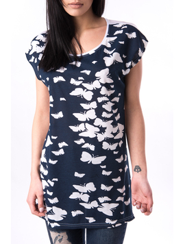 Tricou Dama Cu Imprimeu Fluturi Story Bleumarin Si Alb