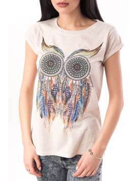 Tricou Dama Cu Imprimeu Bufnita Owl Bej