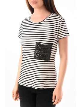 Tricou Dama In Dungi Si Paiete Mirror Alb Si Negru