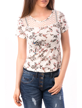 Tricou Dama Cu Imprimeu Pasari Si Garnitura Dantela Alb