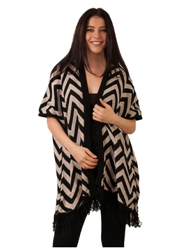 Cardigan Dama In Zig Zag Si cu Franjuri Alb Negru