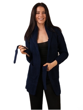 Cardigan Dama Gros Cu Buzunare Si Cordon Bleumarin