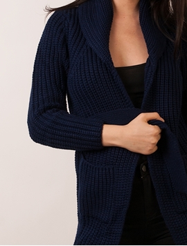 Cardigan Dama Gros Cu Buzunare Si Cordon Bleumarin