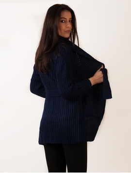 Cardigan Dama Gros Cu Buzunare Si Cordon Bleumarin