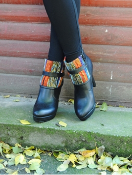 Botine Dama Cu Toc, Catarame Si Material Textil Negre
