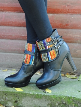 Botine Dama Cu Toc, Catarame Si Material Textil Negre