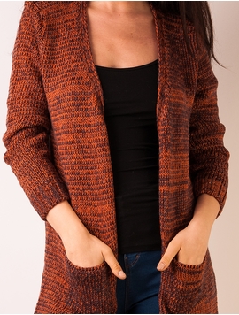 Cardigan Dama Lung Cu Buzunare Portocaliu Si Maro