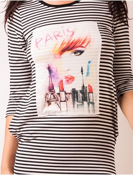 Rochie Cu Dungi Si Imprimeu Paris Negru Si Alb