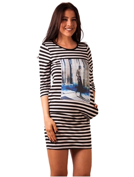 Rochie Cu Dungi Si Imprimeu Blue Negru Si Alb