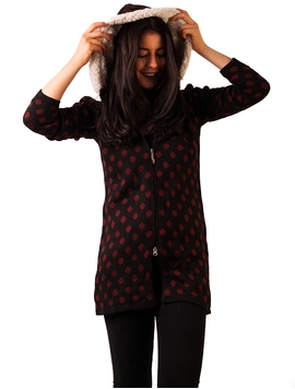 Cardigan Dama Cu Buline Si Gluga Negru Si Grena