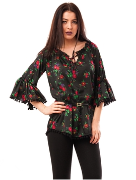 Bluza Dama Cu Model Floral, Ciucuri Si Curea Neagra