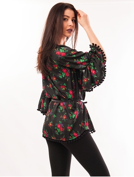 Bluza Dama Cu Model Floral, Ciucuri Si Curea Neagra