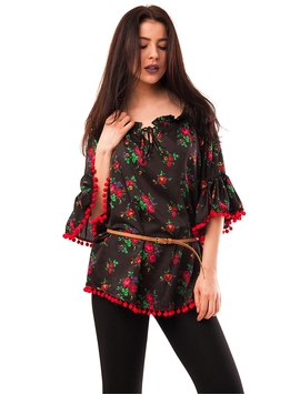 Bluza Dama Cu Model Floral, Ciucuri Si Curea Negru Si Rosu