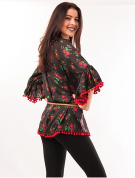 Bluza Dama Cu Model Floral, Ciucuri Si Curea Negru Si Rosu