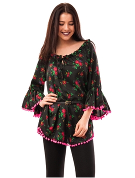 Bluza Dama Cu Model Floral, Ciucuri Si Curea Negru Si Fucsia