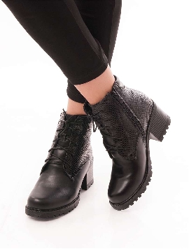 Botine Dama Imblanite Cu Siret Si Toc Mediu Negre