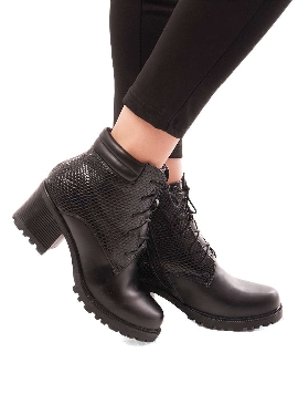 Botine Dama Imblanite Cu Siret Si Toc Mediu Negre