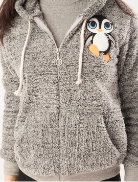 Hanorac Dama Pufos Cu Imprimeu Pinguin Si Fermoar Gri