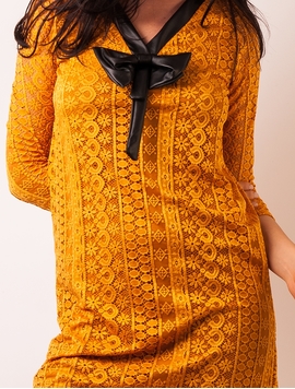 Rochie Dantela Cu Fundita Mustar Si Negru