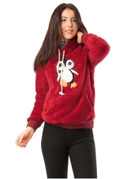 Hanorac Dama Pufos Cu Imprimeu Pinguin Grena