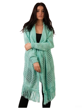 Cardigan Dama Cu Model Tricotat Si Franjuri Verde Strident