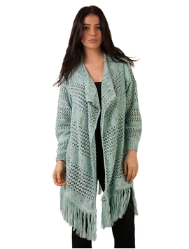 Cardigan Dama Cu Model Tricotat Si Franjuri Verde Si Negru