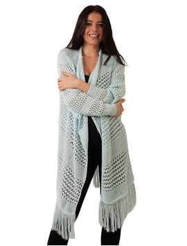 Cardigan Dama Cu Model Tricotat Si Franjuri Verde Si Alb