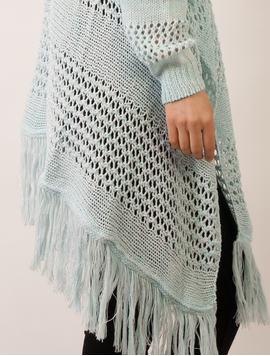 Cardigan Dama Cu Model Tricotat Si Franjuri Verde Si Alb