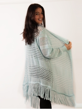 Cardigan Dama Cu Model Tricotat Si Franjuri Verde Si Alb