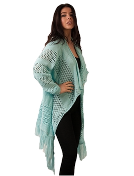 Cardigan Dama Cu Model Tricotat Si Franjuri Verde Deschis