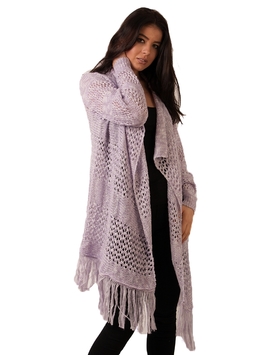 Cardigan Dama Cu Model Tricotat Si Franjuri Lila Si Alb