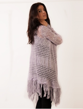 Cardigan Dama Cu Model Tricotat Si Franjuri Lila Si Alb