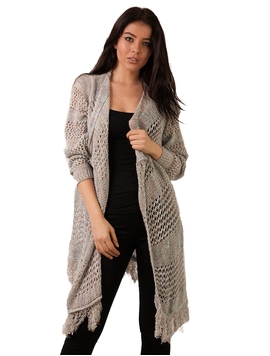 Cardigan Dama Cu Model Tricotat Si Franjuri Bleu Si Caramiziu