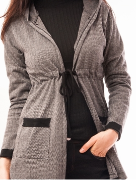 Cardigan Dama Cu Gluga, Buzunare Si Cordon Gri