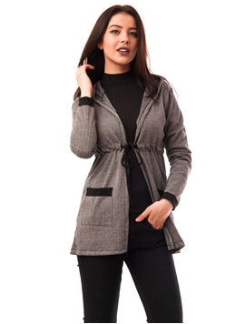 Cardigan Dama Cu Gluga, Buzunare Si Cordon Gri