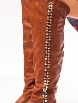 Cizme Dama Lungi Accesorizate Cu Tinte Metalice Maro