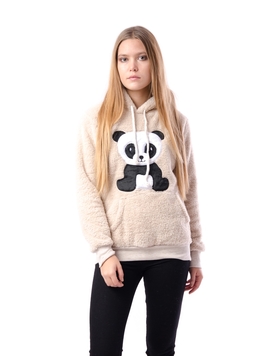 Hanorac Dama Pufos Cu Imprimeu Panda Bej