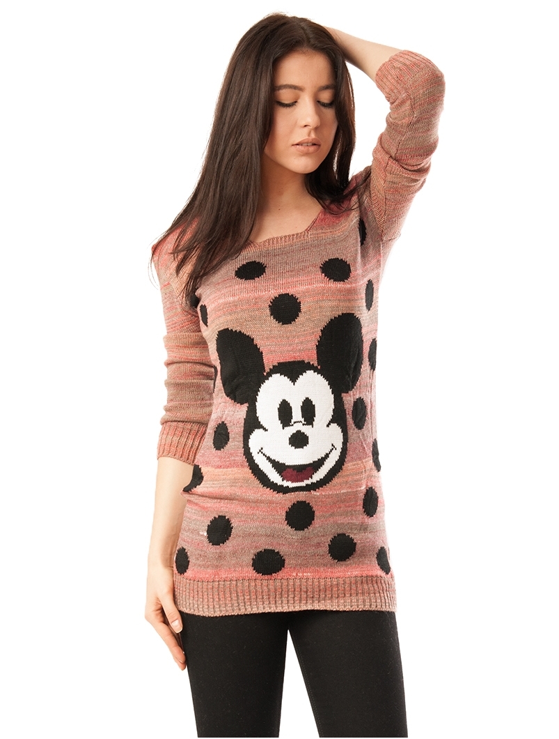 Pulover Dama Cu Model Mickey Mouse Corai Si Gri
