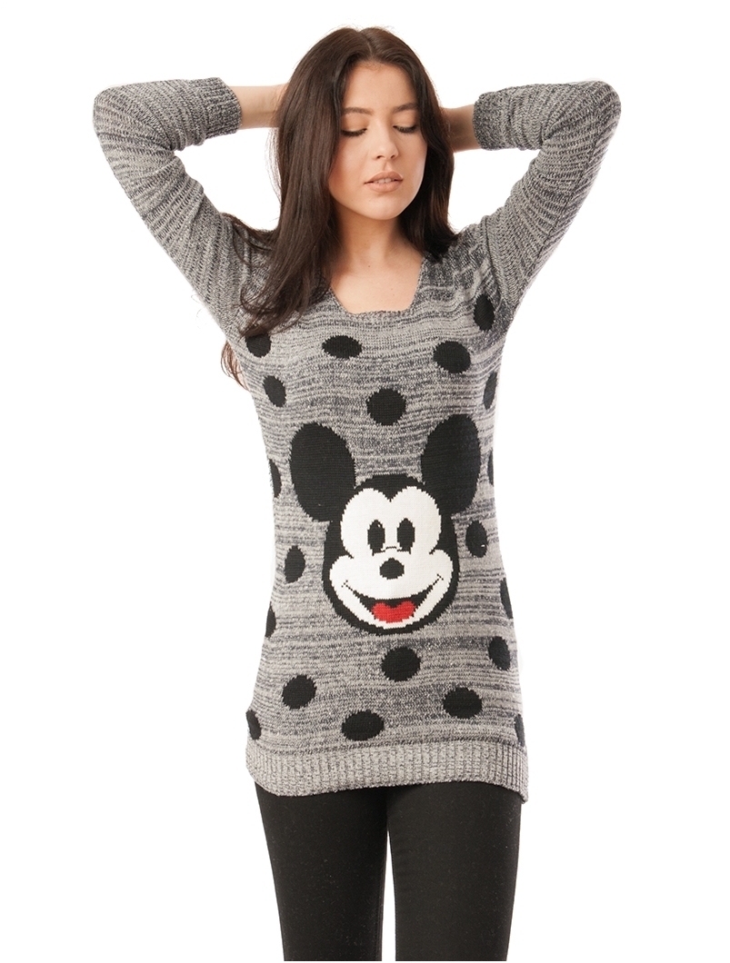 Pulover Dama Cu Model Mickey Mouse Gri Inspicat