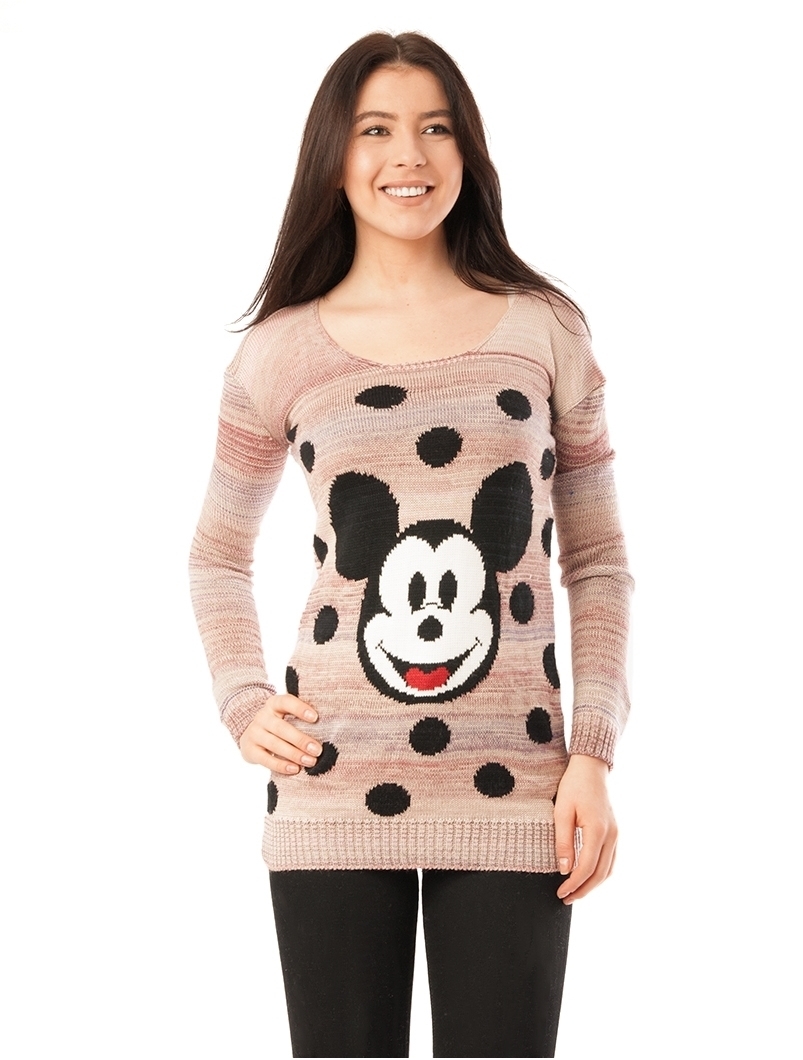 Pulover Dama Cu Model Mickey Mouse Mov Si Bej