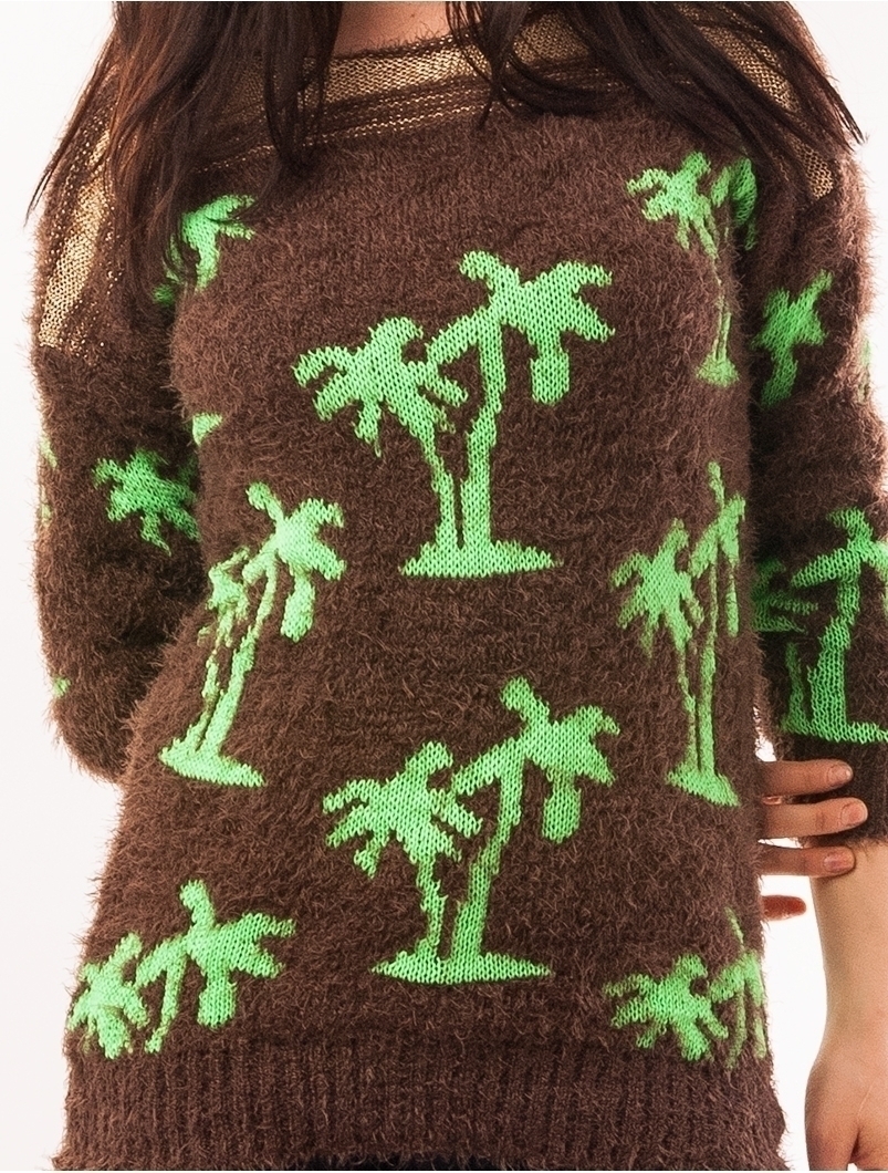 Pulover Dama Cu Model Cu Palmieri Palms Maro Si Verde