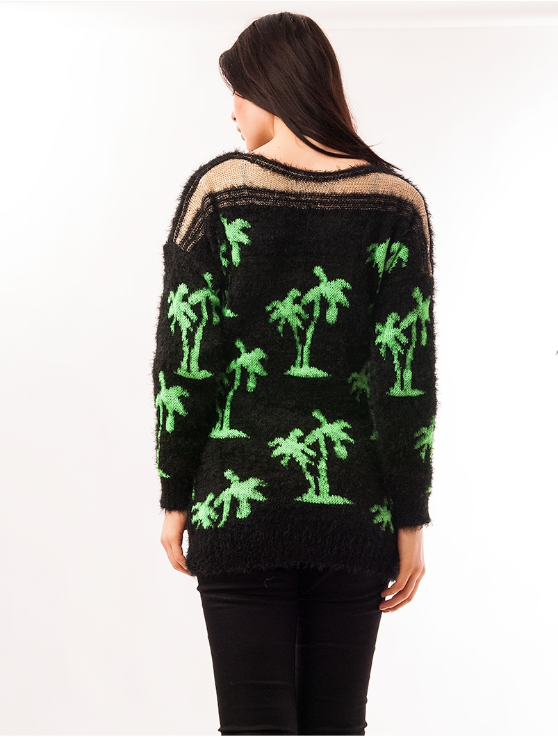 Pulover Dama Cu Model Cu Palmieri Palms Negru Si Verde